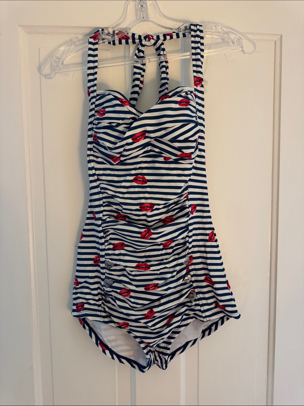 Betsey Johnson Navy and White Striped One-Piece Swimsuit with Red Lip Print
